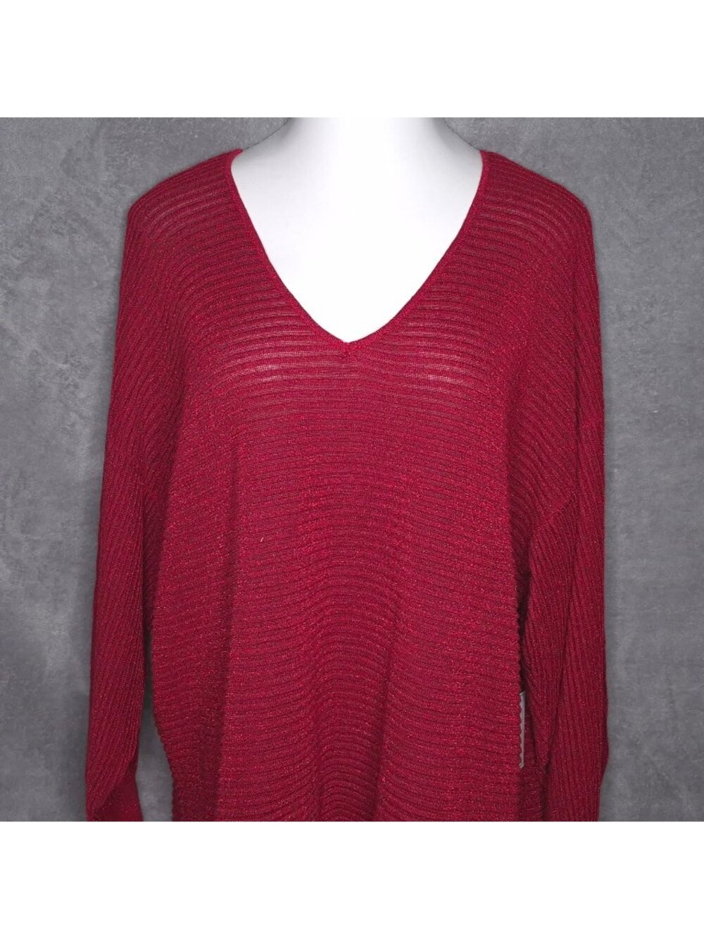 1.State Womens Vibrant Red Metallic Knit V-Neck Sweater 2X New With Tags